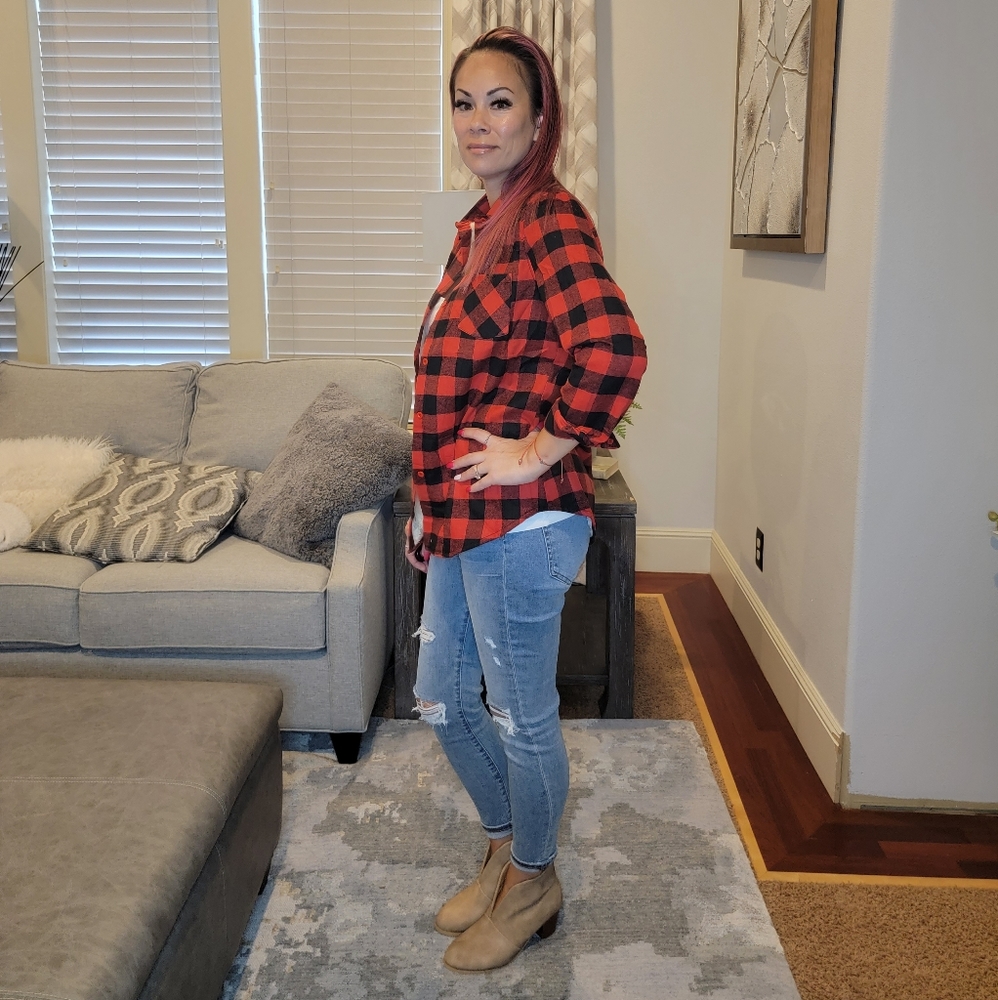 Check Me Out Sherpa Fleece Lined Plaid Flannel Shirt in Red & Black - Picture 9 of 11